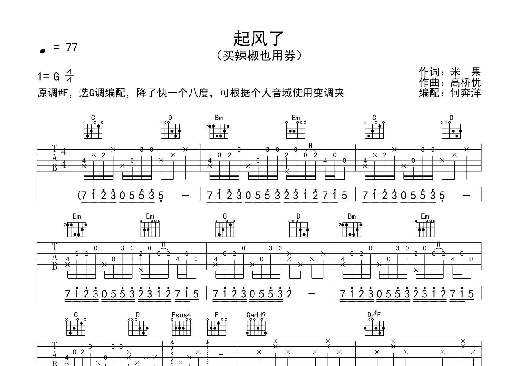 买辣椒也用券_起风了吉他六线谱G调_飞韵吉他弹唱伴奏六线谱