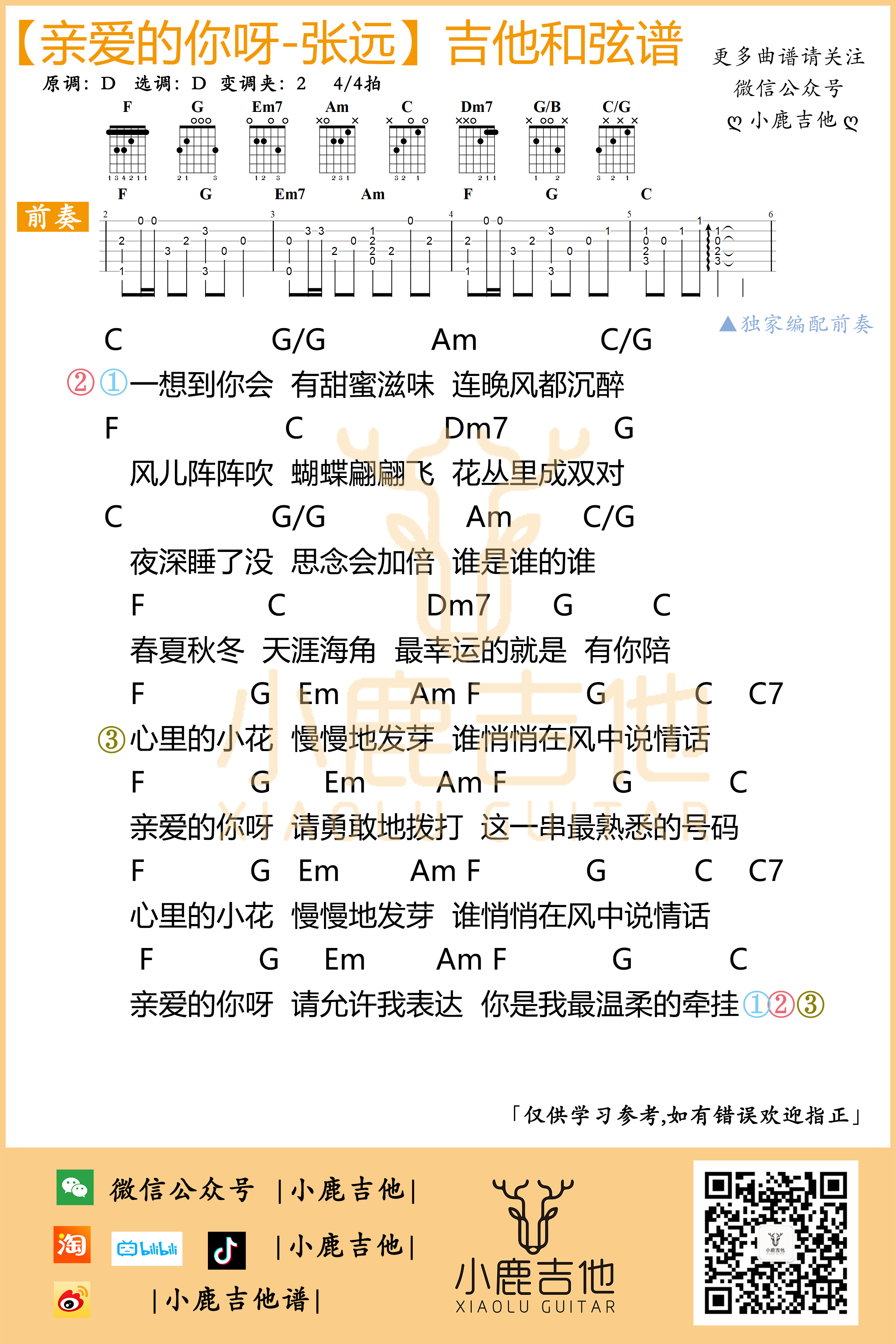张远《亲爱的你呀》吉他六线谱C调_小鹿吉他拇指弹拨