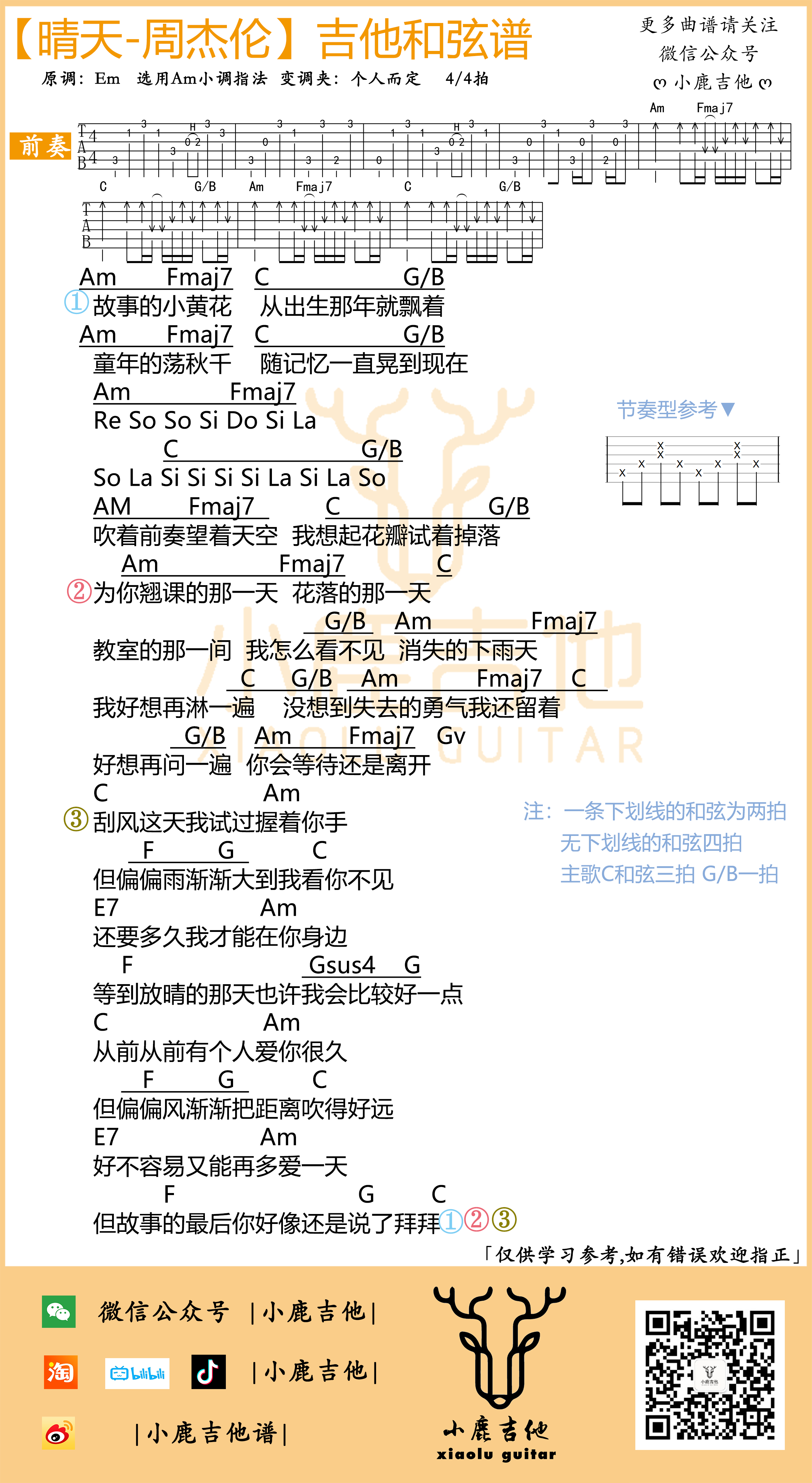 周杰伦《晴天》吉他六线谱C调_小鹿吉他拇指弹拨编配