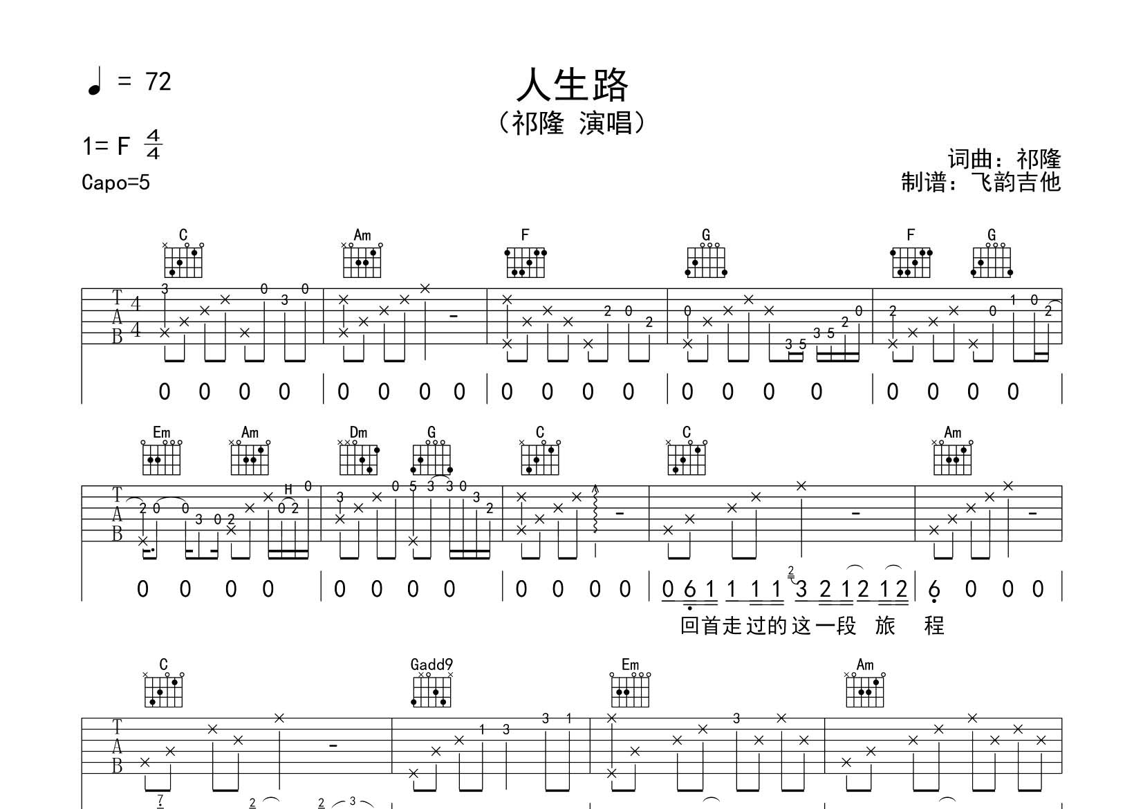 祁隆_人生路吉他六线谱C调_飞韵吉他弹唱伴奏六线谱