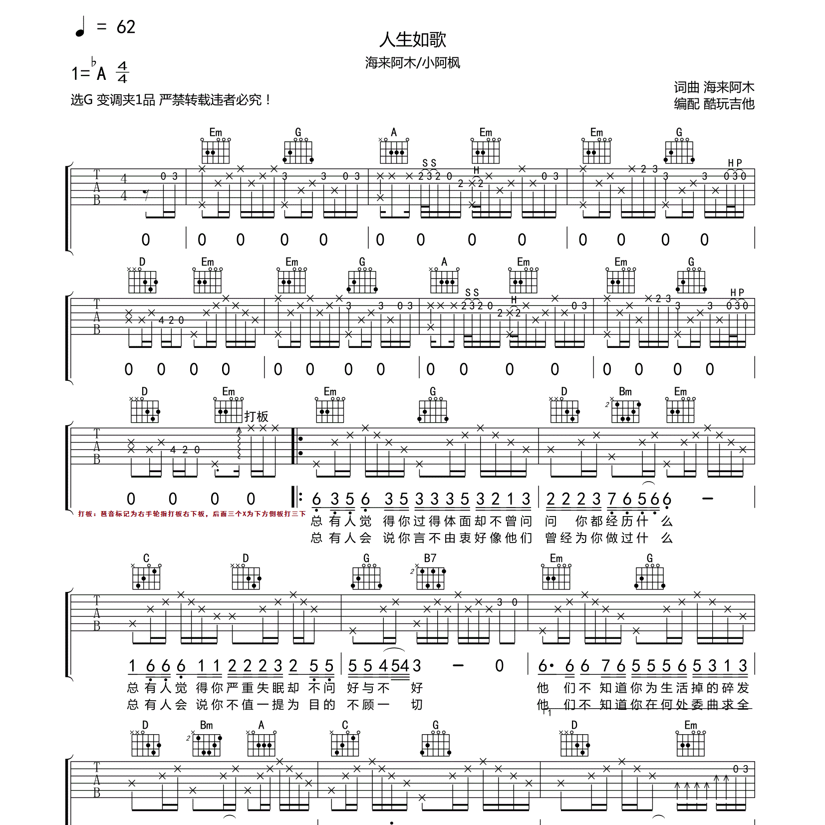 海来阿木/小阿枫_人生如歌吉他六线谱C调_酷玩吉他弹唱伴奏六线谱