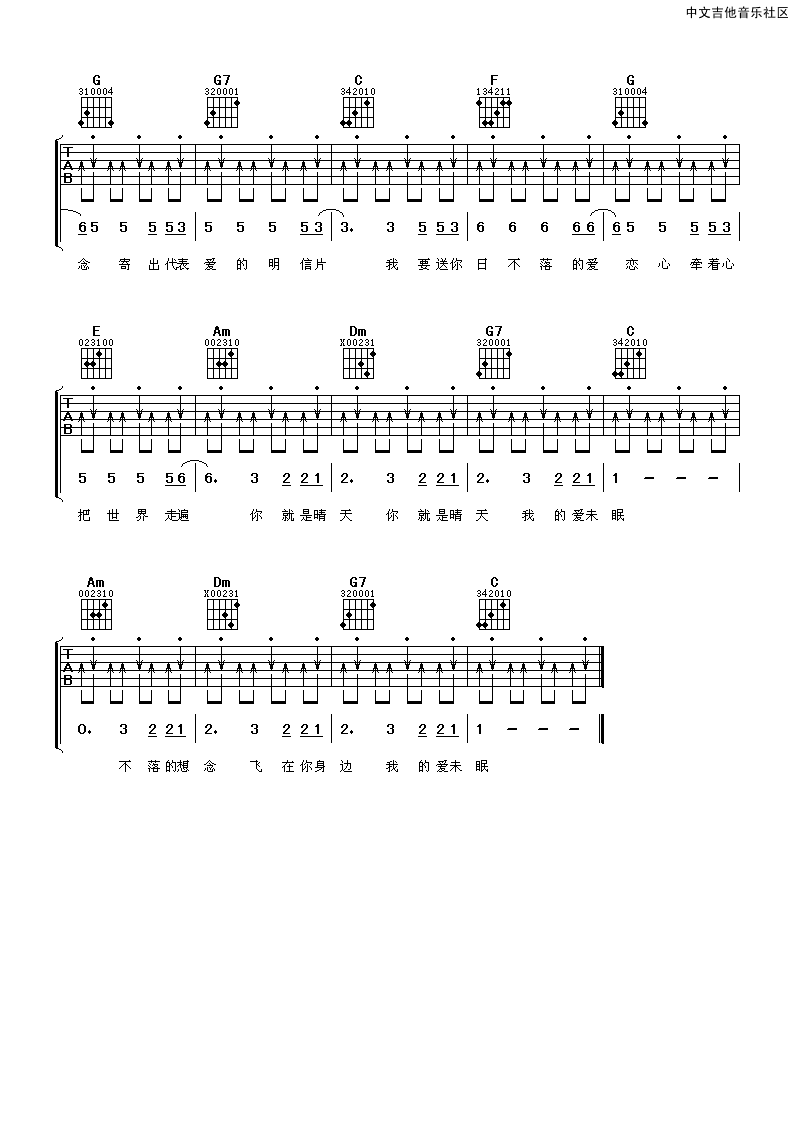 蔡依林_日不落吉他六线谱C调_阿潘音乐工场弹唱伴奏六线谱