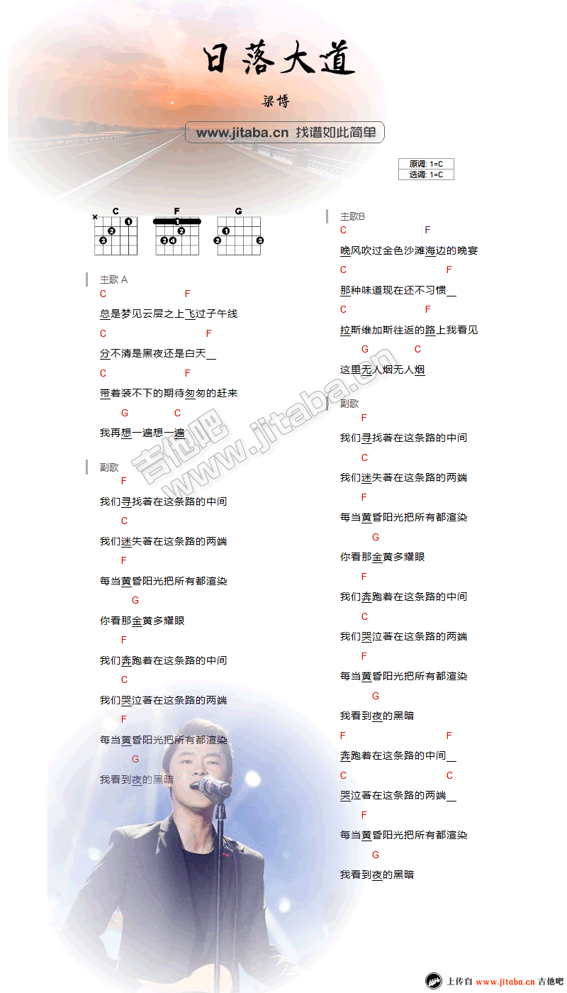 梁博_日落大道吉他六线谱C调_找谱如此简单弹唱伴奏六线谱