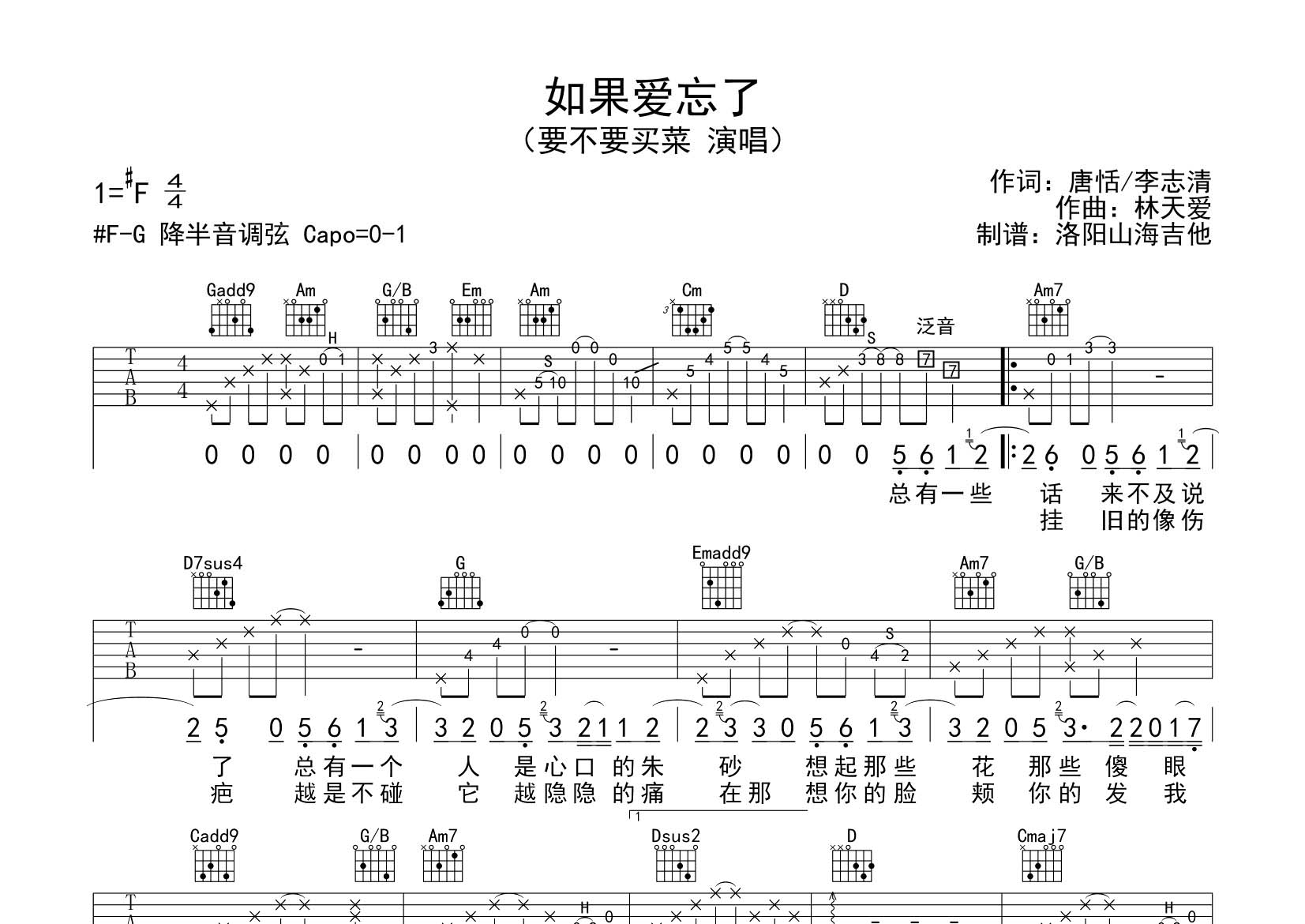 要不要买菜_如果爱忘了吉他六线谱G调_飞韵吉他弹唱伴奏六线谱