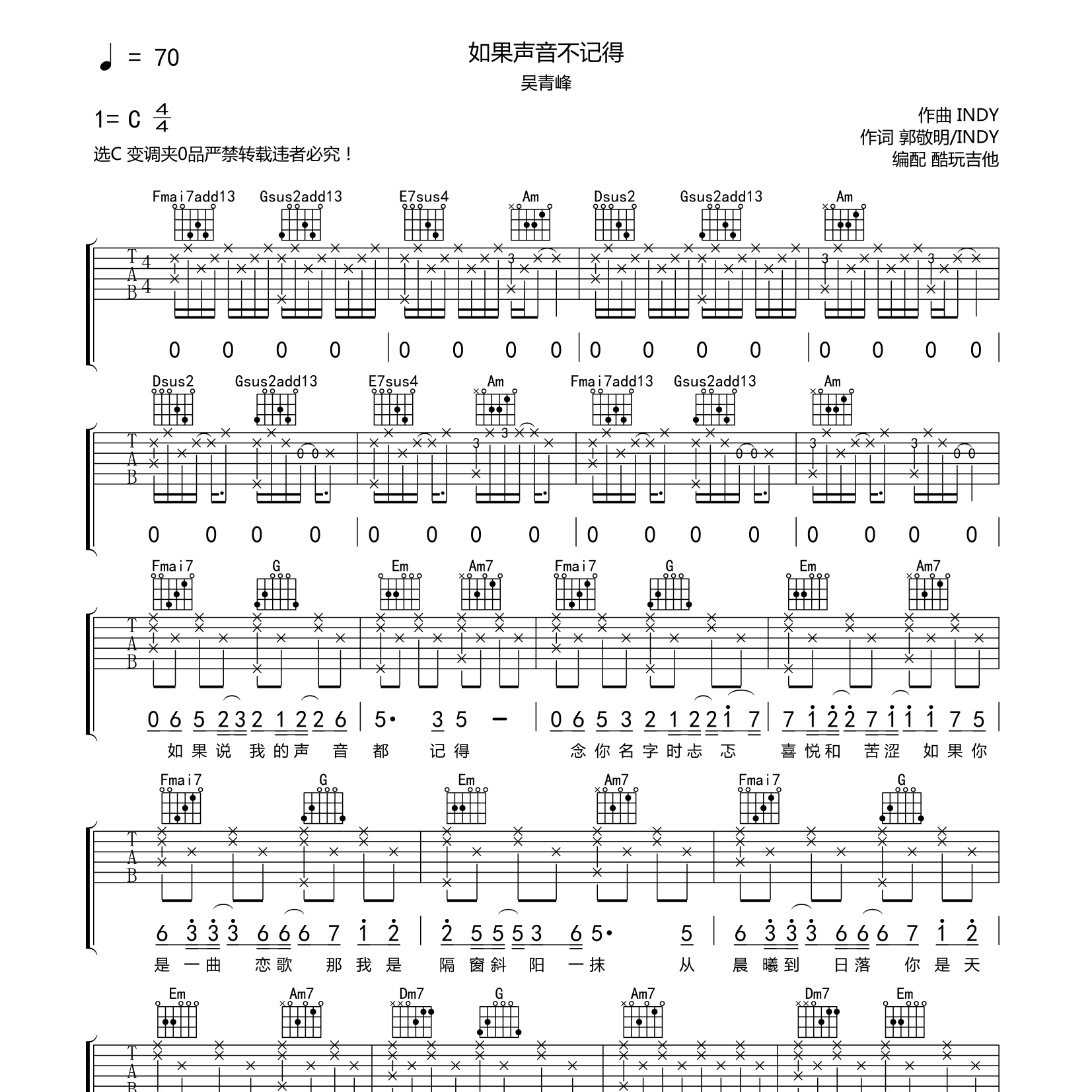 吴青峰_如果声音不记得吉他六线谱C调_酷玩吉他弹唱伴奏六线谱