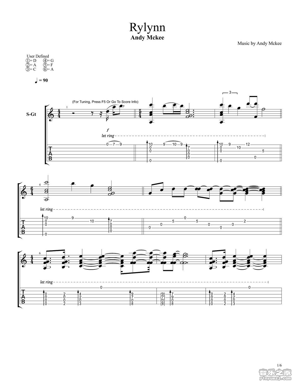 Andy_McKee_rylynn独奏谱_D调六线谱_音乐之家编配