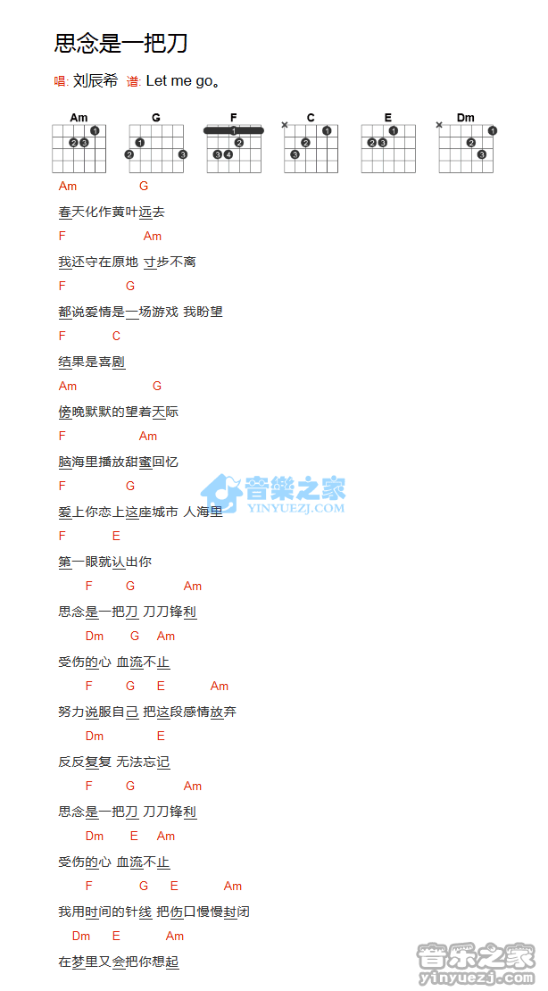 刘辰希_思念是一把刀吉他六线谱A调_音乐之家弹唱伴奏六线谱