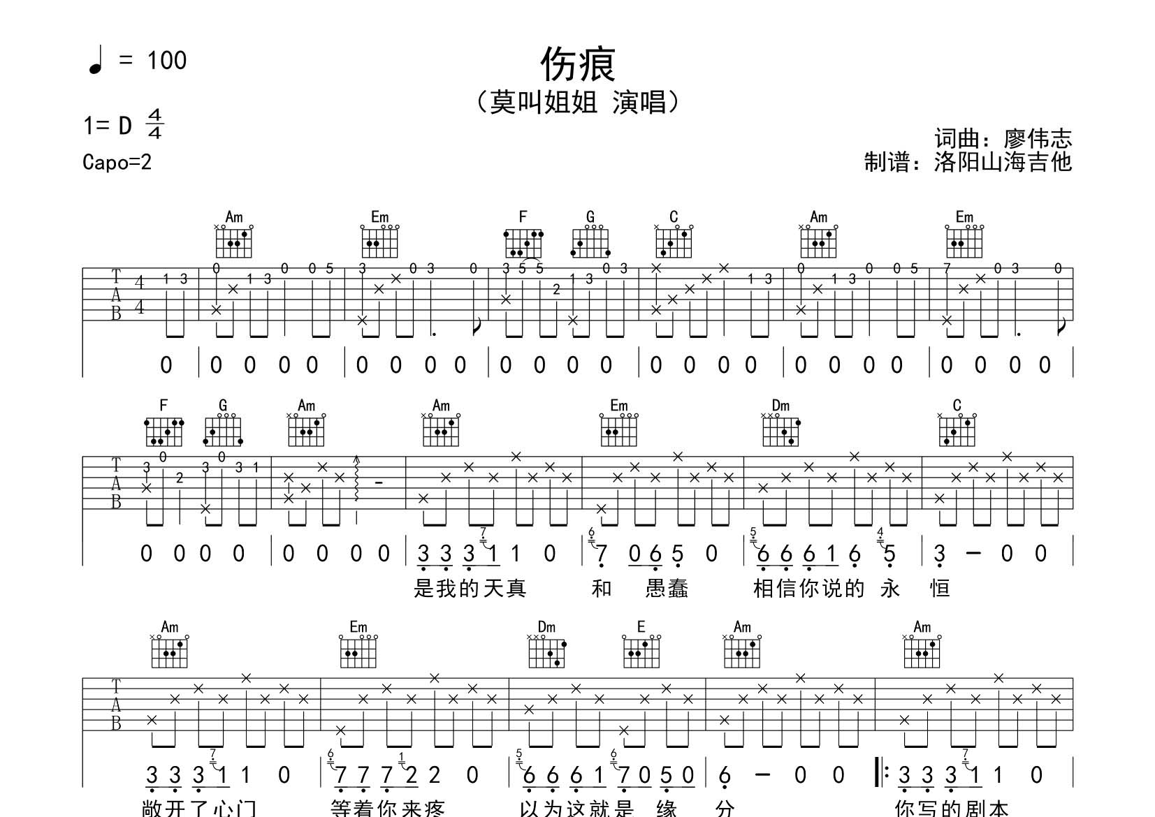 莫叫姐姐_伤痕吉他六线谱C调_飞韵吉他弹唱伴奏六线谱