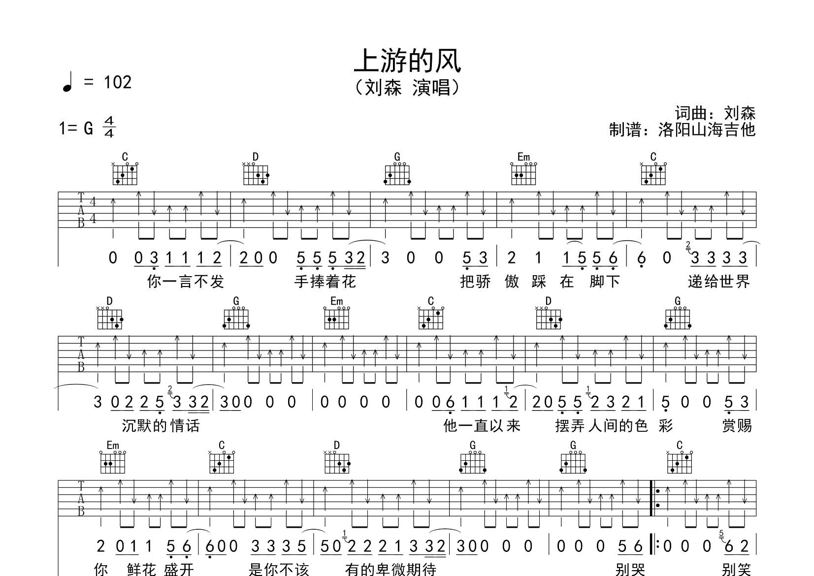 刘森_上游的风吉他六线谱G调_飞韵吉他弹唱伴奏六线谱