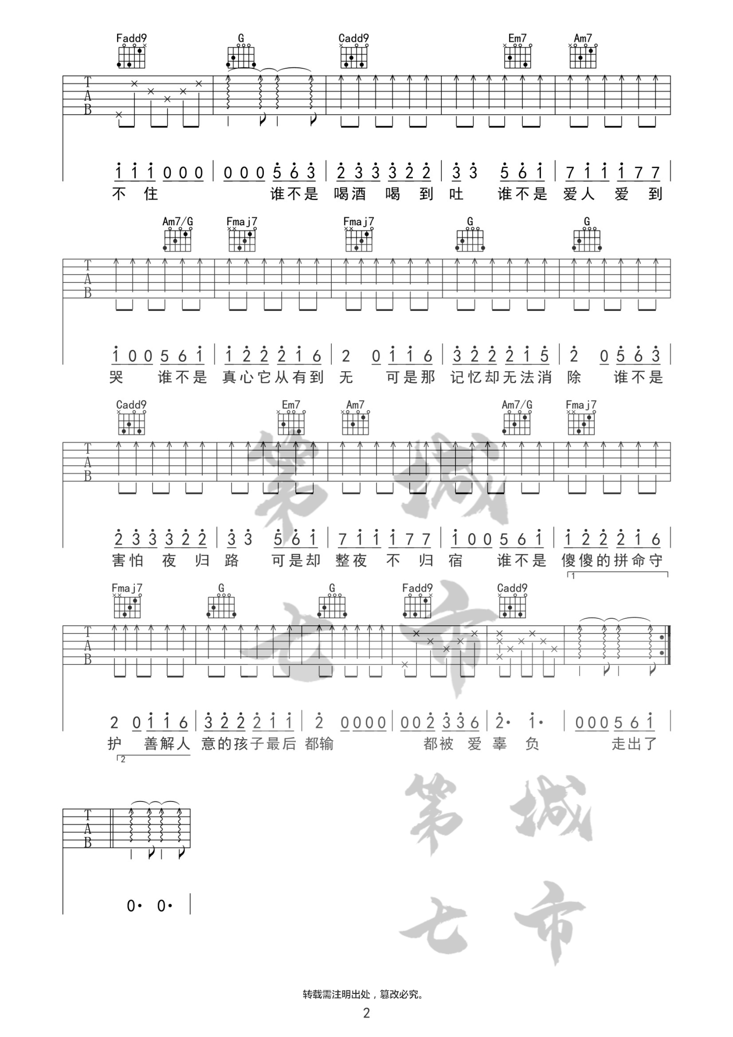金池_谁不是吉他六线谱C调_第七城市弹唱伴奏六线谱
