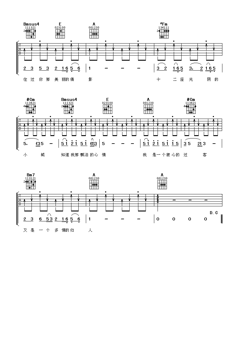 林依轮_十二座光阴的小城吉他六线谱A调_阿潘音乐工场弹唱伴奏六线谱