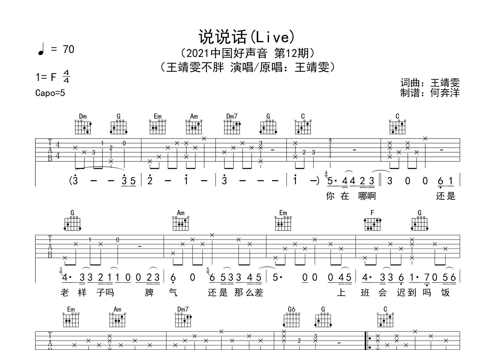 王靖雯不胖_说说话吉他六线谱C调_飞韵吉他弹唱伴奏六线谱