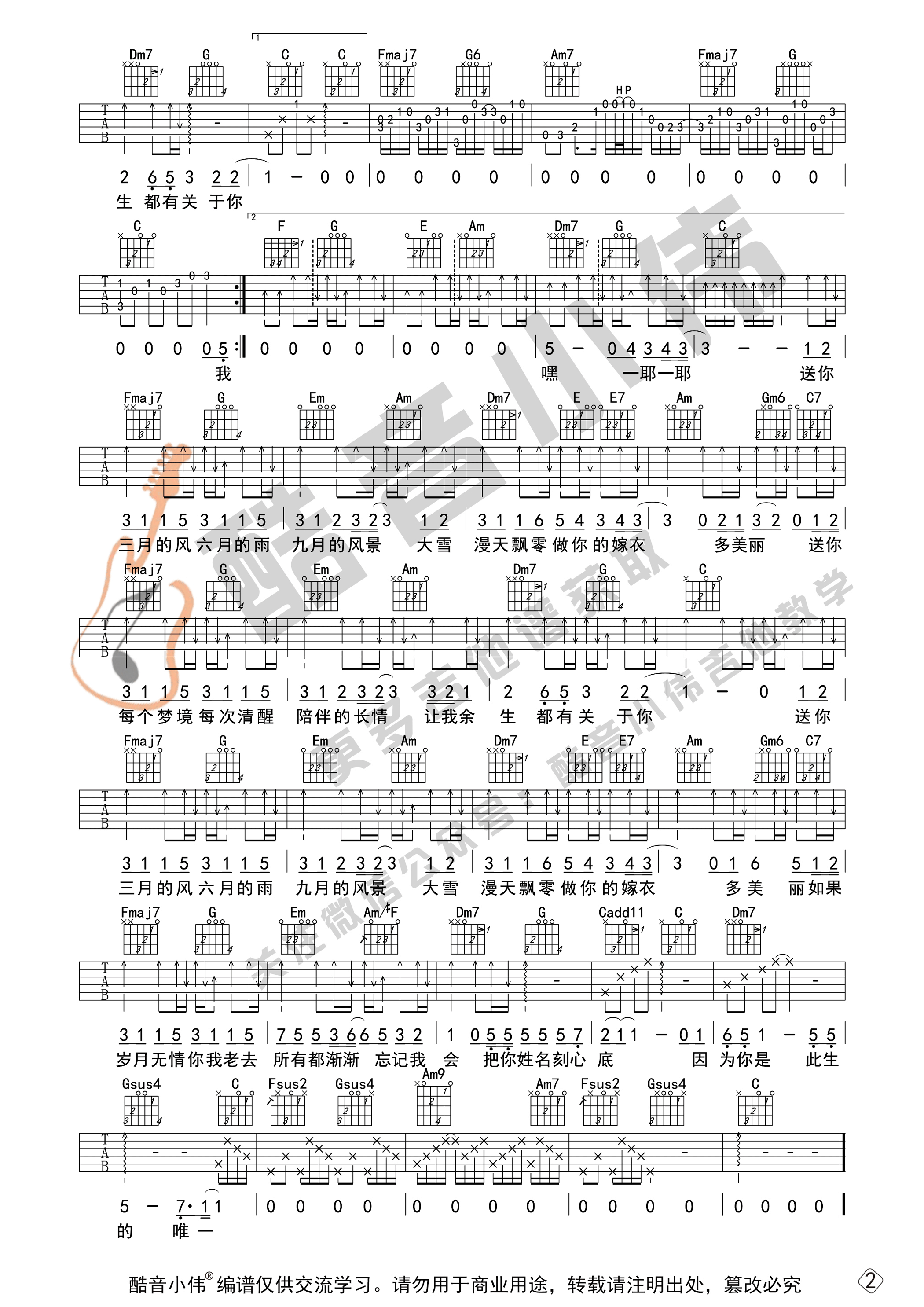 程响_四季予你吉他六线谱吉他六线谱_C调_酷音小伟弹唱伴奏六线谱