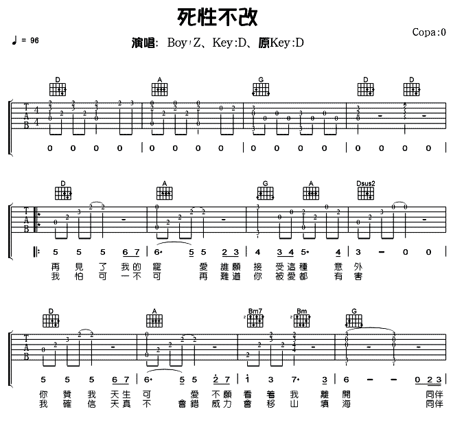 Twins_死性不改吉他六线谱D调_弹唱伴奏六线谱