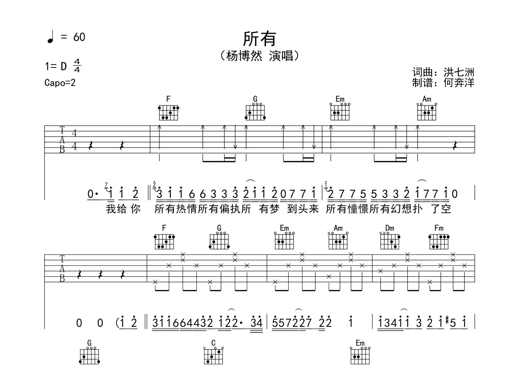 杨博然_所有吉他六线谱C调_飞韵吉他弹唱伴奏六线谱