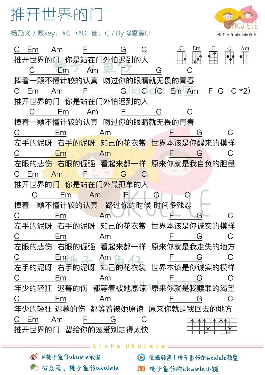 杨乃文_推开世界的门吉他六线谱C调_桃子鱼仔弹唱伴奏六线谱