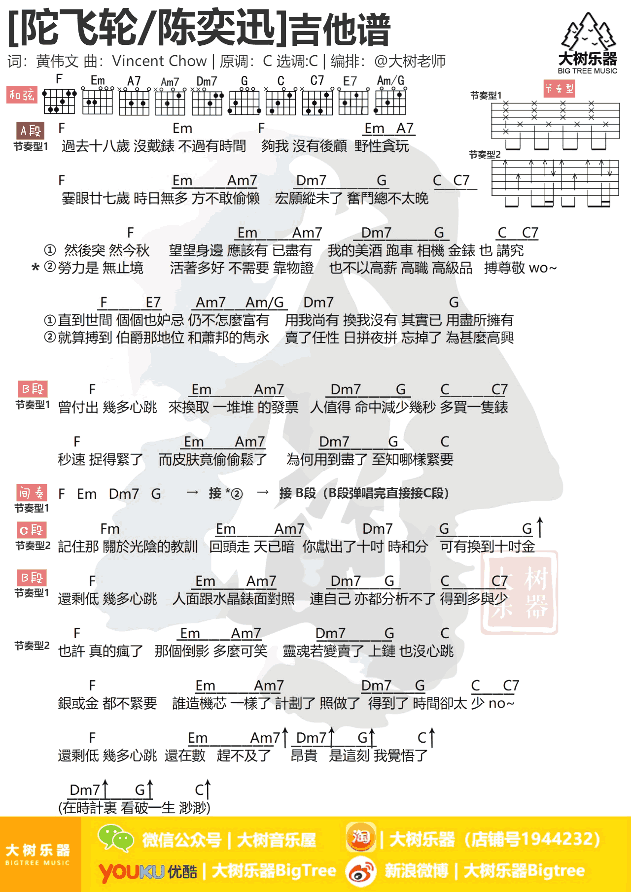 陈奕迅_托飞轮吉他六线谱C调_大树音乐屋弹唱伴奏六线谱