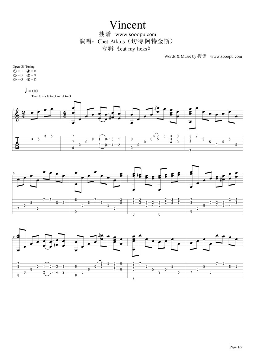 Chet_Atkins_vincent独奏谱_原调六线谱_搜谱网编配