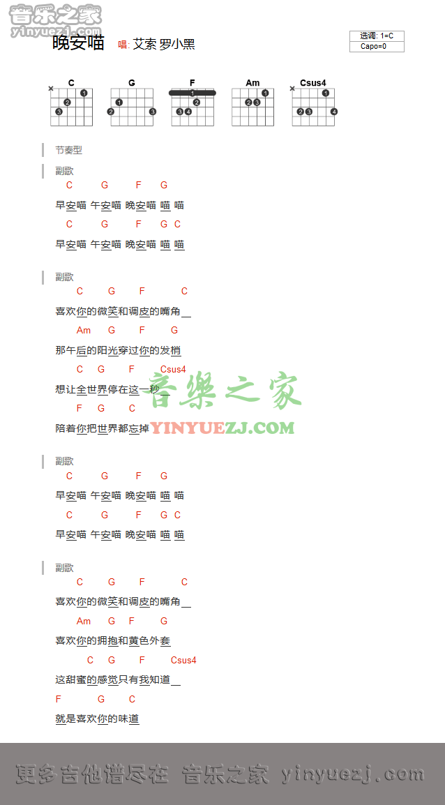 艾索_晚安喵吉他六线谱C调_音乐之家弹唱伴奏六线谱
