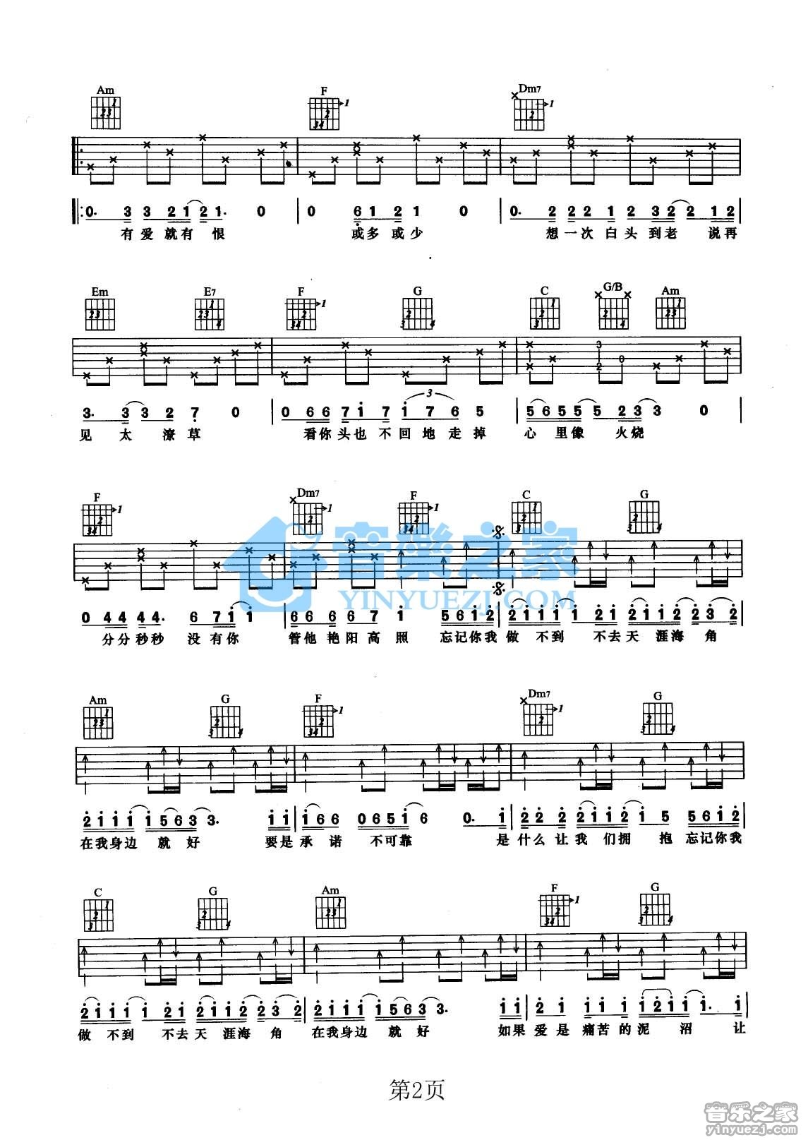 张学友_忘记你我做不到吉他六线谱D调_音乐之家弹唱伴奏六线谱
