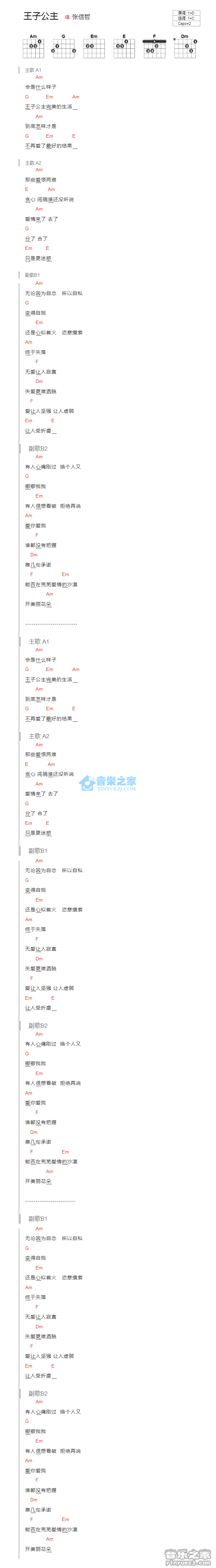 薛之谦_王子公主吉他六线谱C调_音乐之家弹唱伴奏六线谱