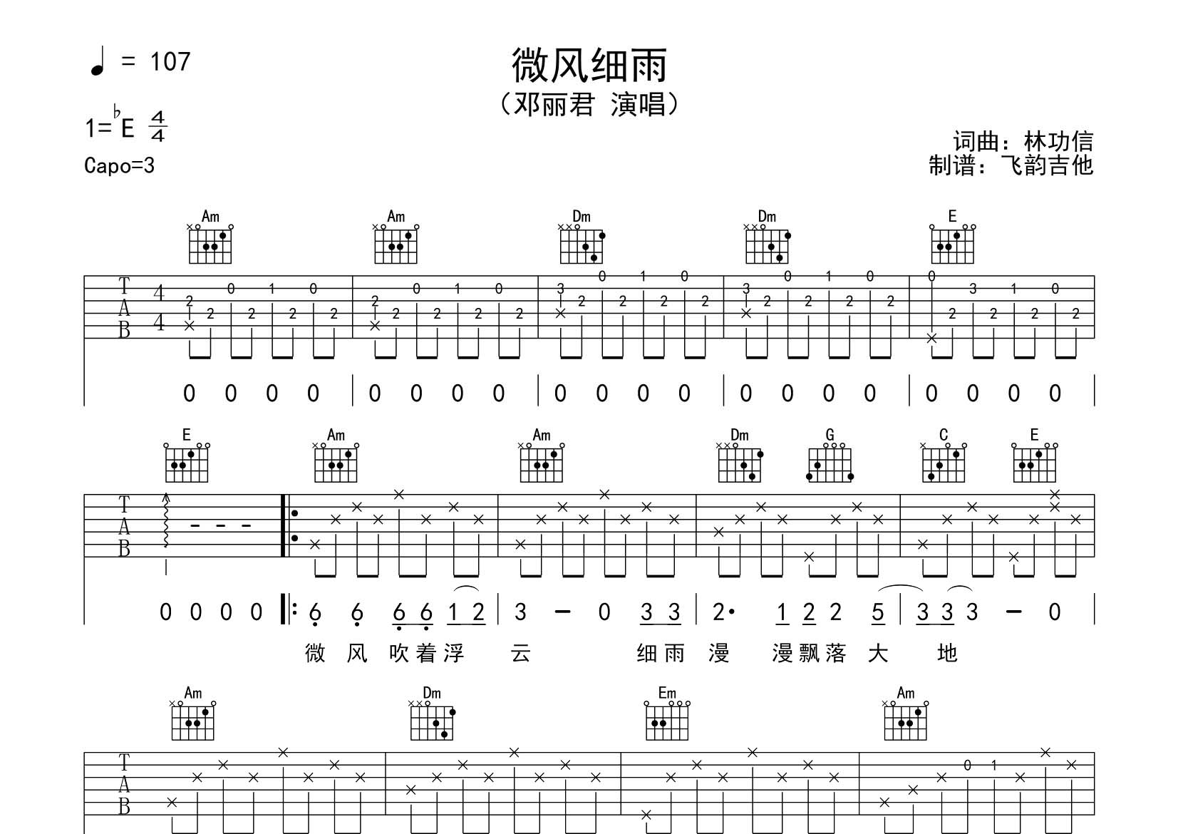 邓丽君_微风细雨吉他六线谱C调_飞韵吉他弹唱伴奏六线谱