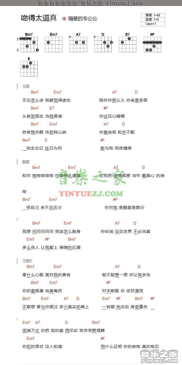 张敬轩_吻得太逼真吉他六线谱D调_音乐之家弹唱伴奏六线谱