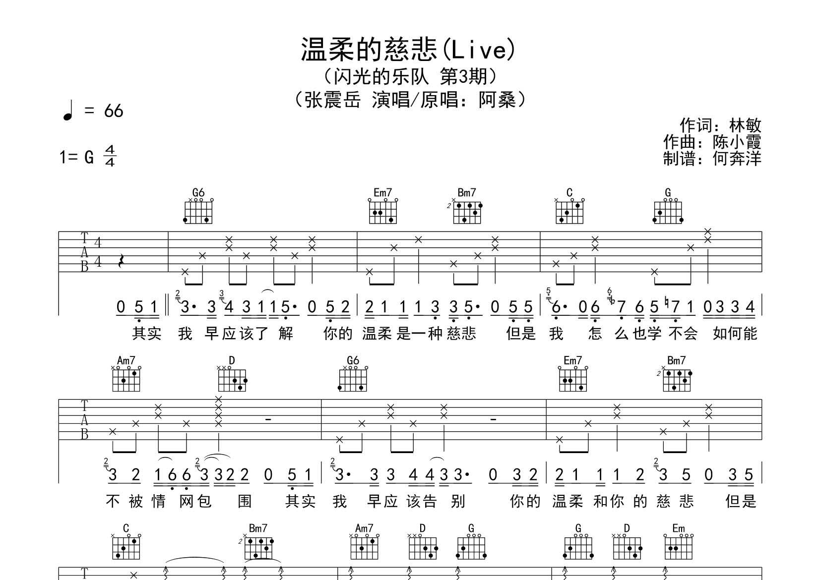 张震岳_温柔的慈悲吉他六线谱G调_飞韵吉他弹唱伴奏六线谱