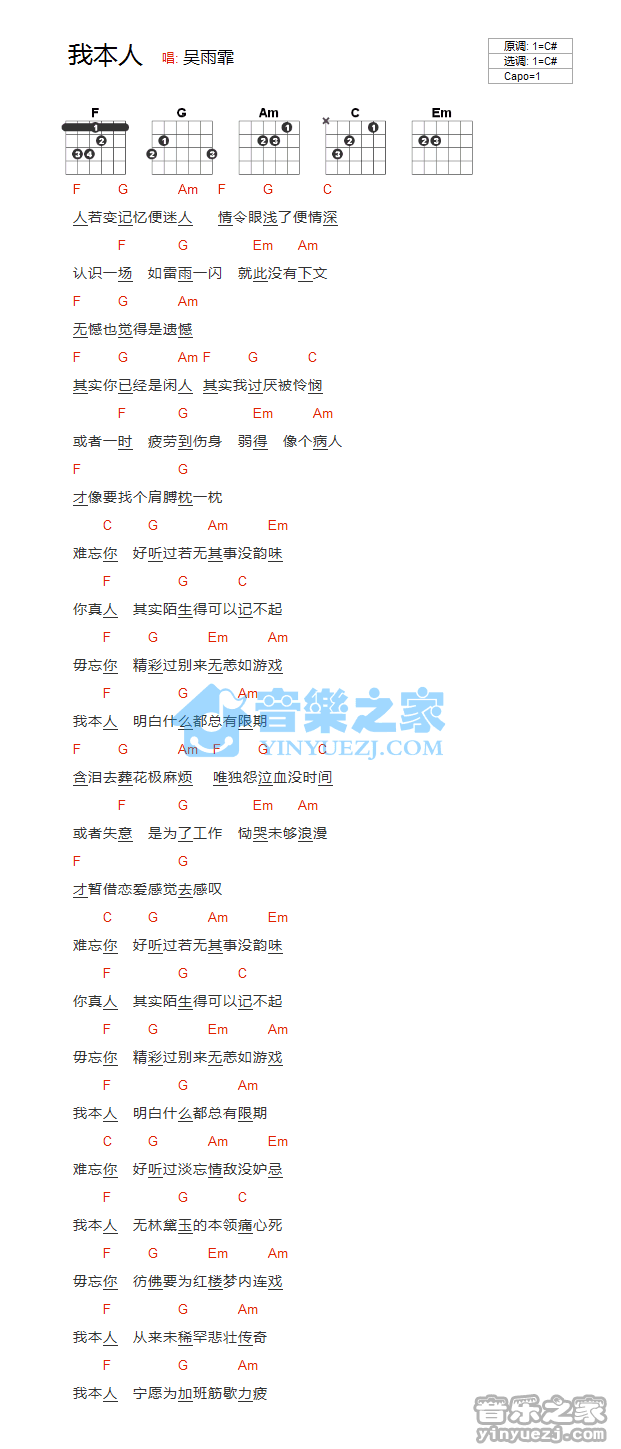 吴雨霏_我本人吉他六线谱C调_音乐之家弹唱伴奏六线谱