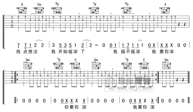 正午阳光_我开始朋克摇滚了吉他六线谱F调_虫虫吉他弹唱伴奏六线谱