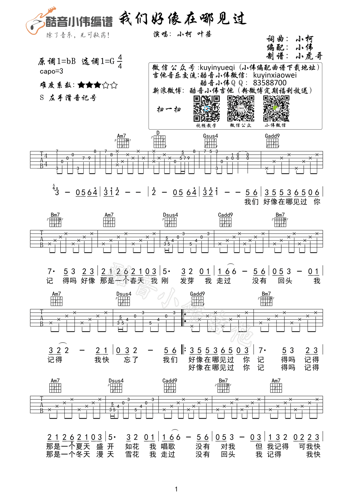 叶蓓_我们好像在哪见过吉他六线谱G调_酷音小伟弹唱伴奏六线谱