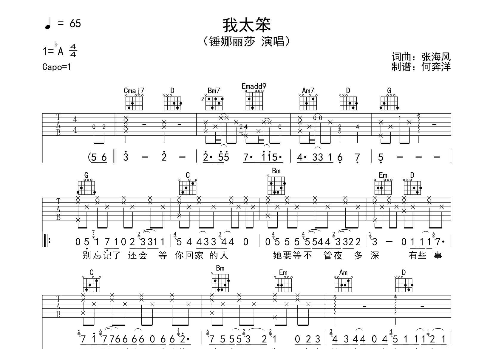 锤娜丽莎_我太笨吉他六线谱G调_飞韵吉他弹唱伴奏六线谱