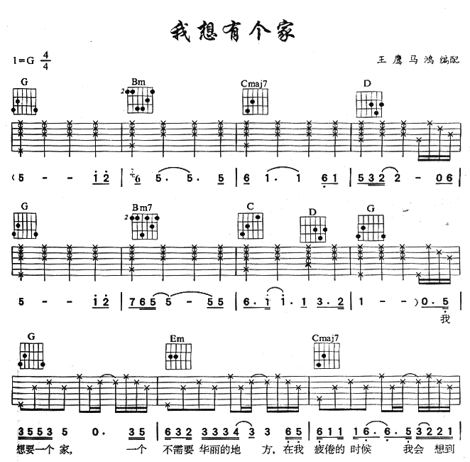 潘美辰_我想有个家吉他六线谱G调_弹唱伴奏六线谱