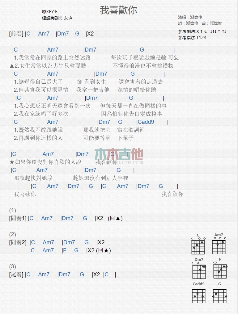 派伟俊_我喜欢你吉他六线谱C调_木木吉他弹唱伴奏六线谱