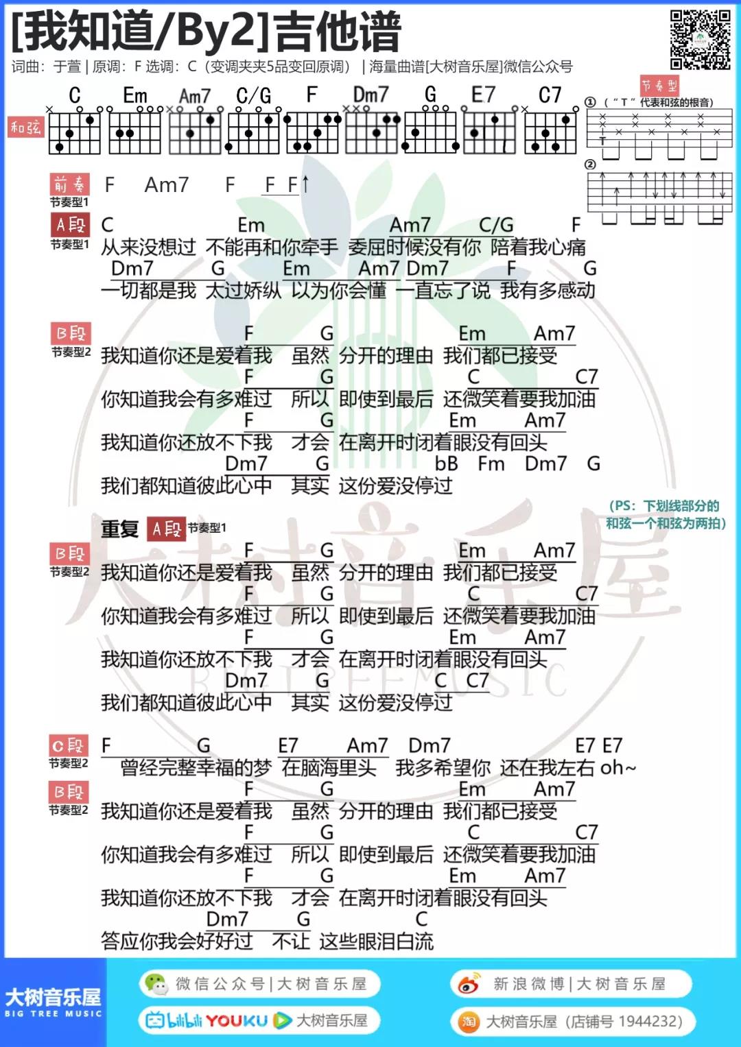 BY2_我知道吉他六线谱C调_大树音乐屋弹唱伴奏六线谱