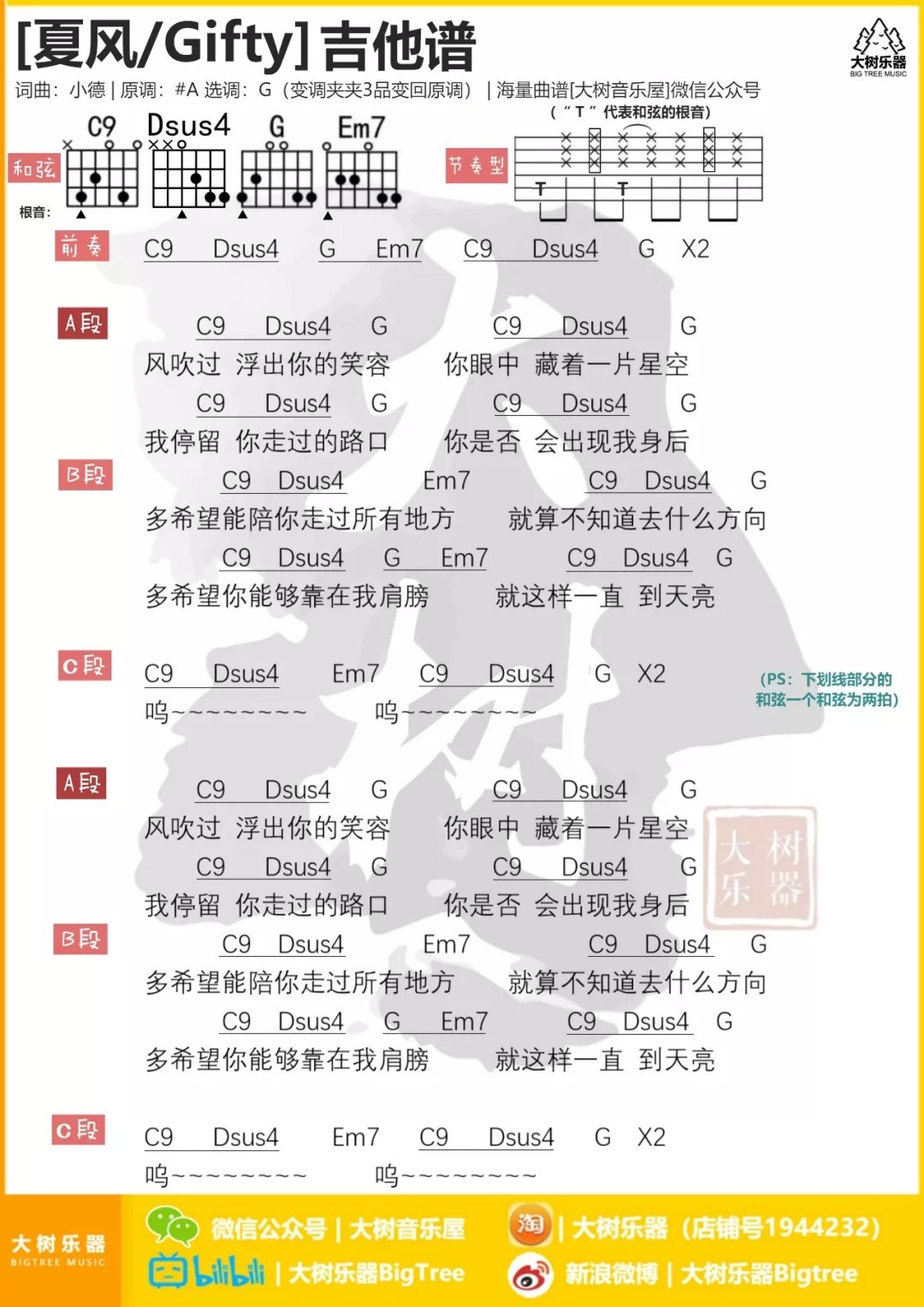Gifty_夏风吉他六线谱G调_大树音乐弹唱伴奏六线谱