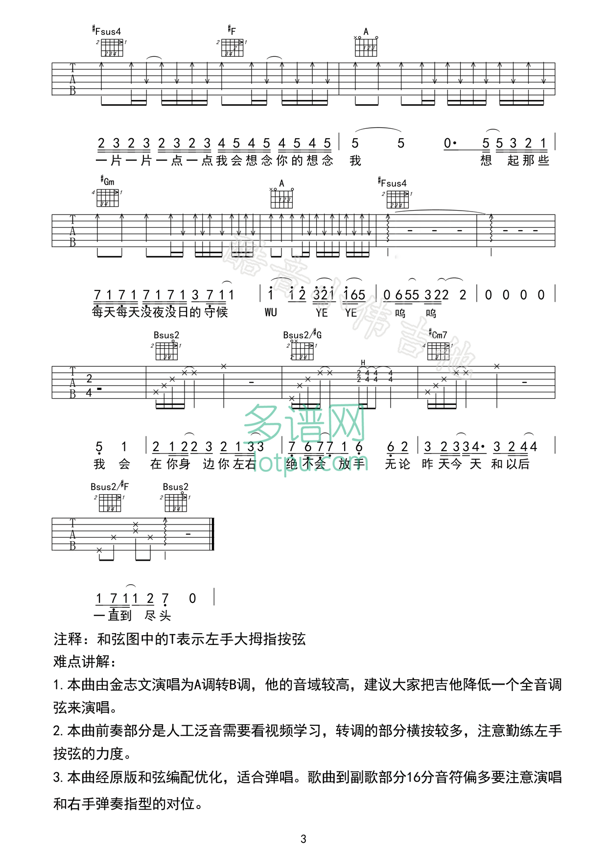 金志文_夏洛特烦恼吉他六线谱A调_多谱网弹唱伴奏六线谱