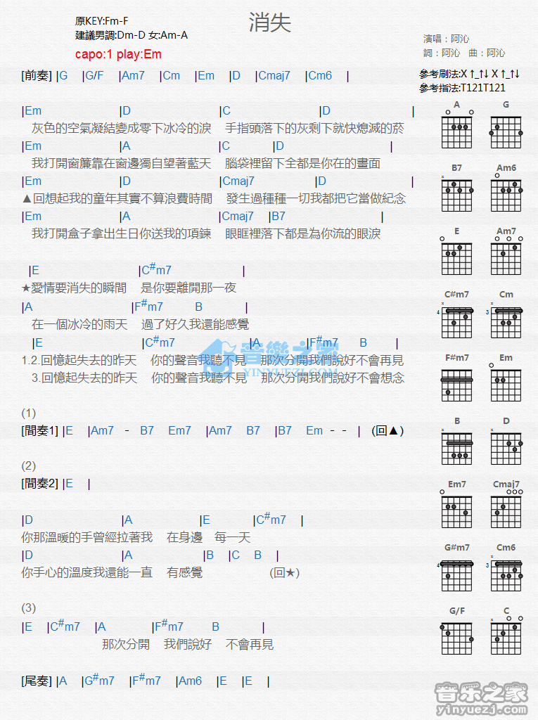 阿沁_消失吉他六线谱E调_音乐之家弹唱伴奏六线谱
