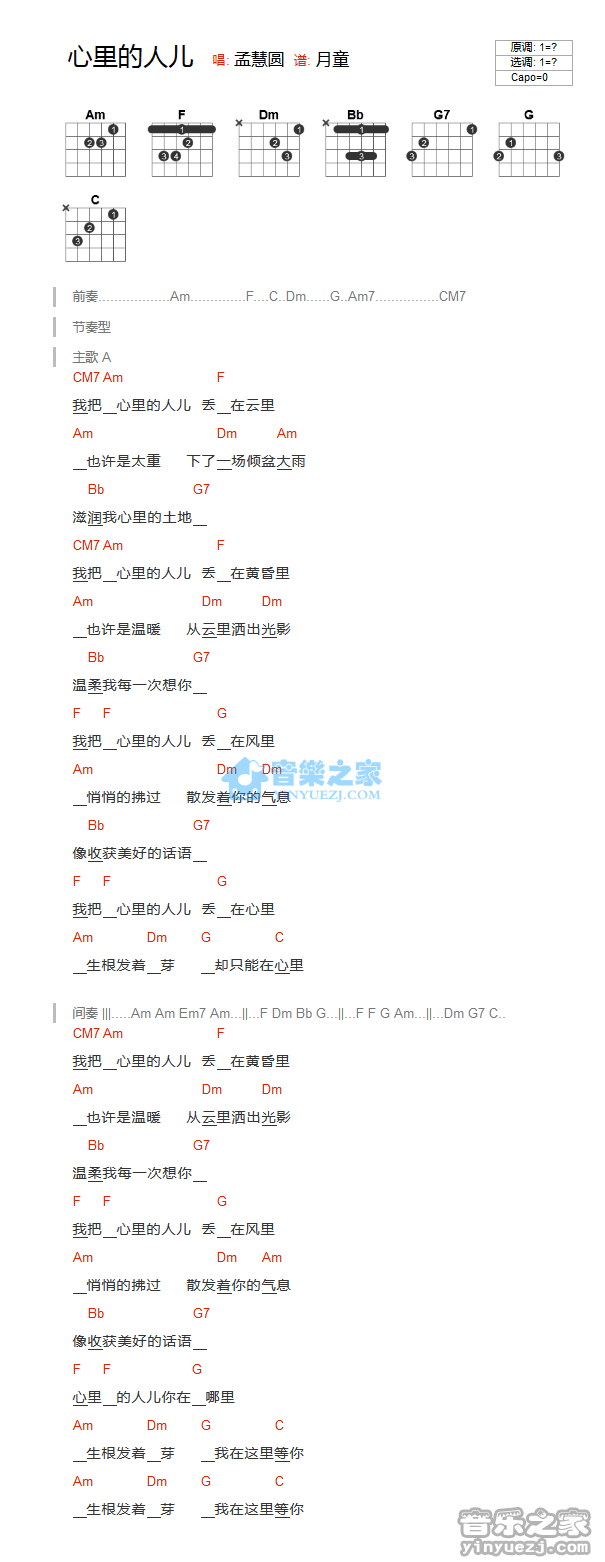 孟慧圆_心里的人儿吉他六线谱C调_音乐之家弹唱伴奏六线谱