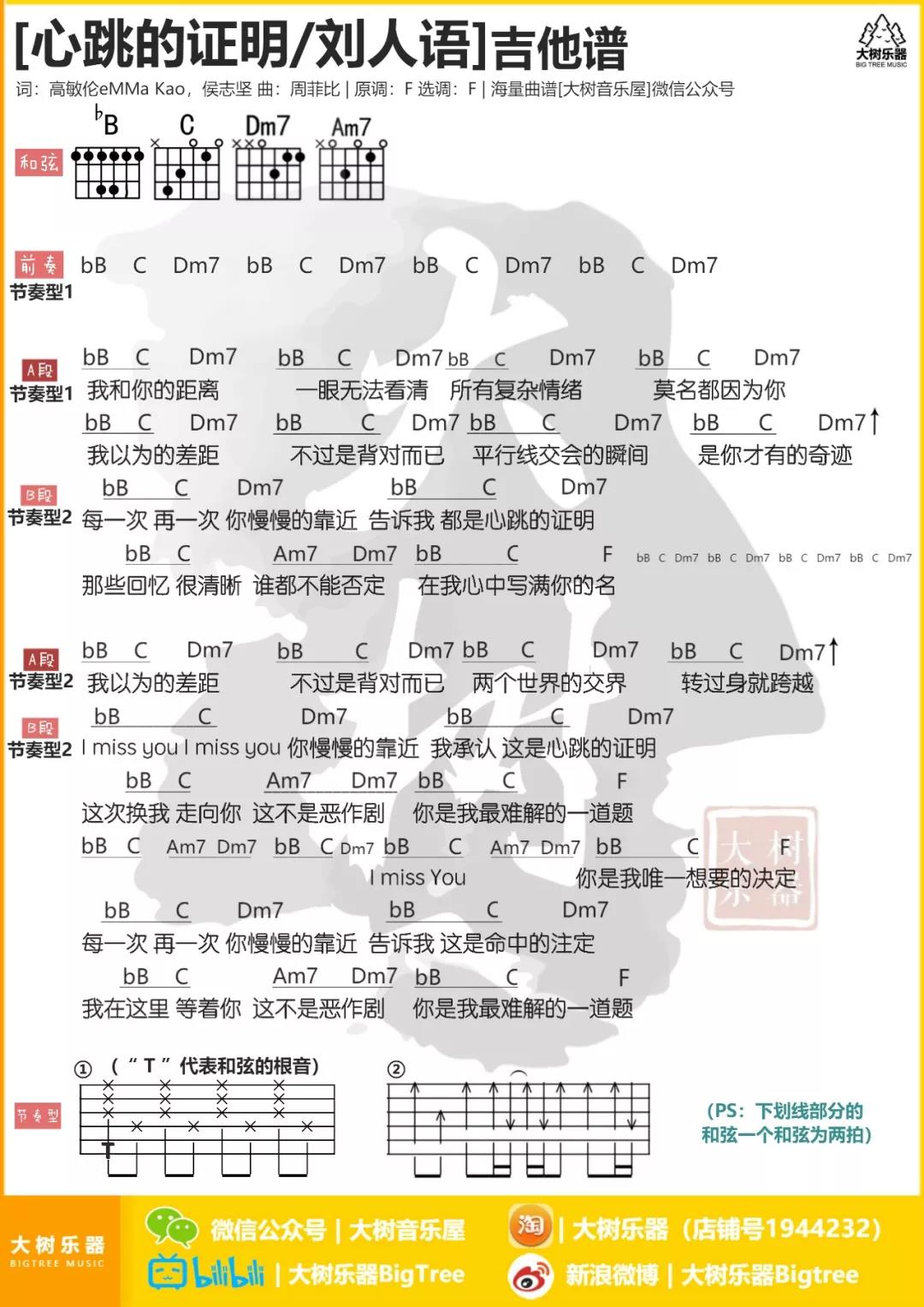 刘人语_心跳的证明吉他六线谱F调_大树音乐弹唱伴奏六线谱