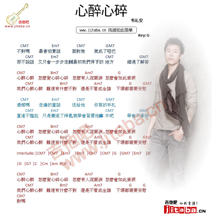 韦礼安_心醉心碎吉他六线谱G调_吉他吧弹唱伴奏六线谱