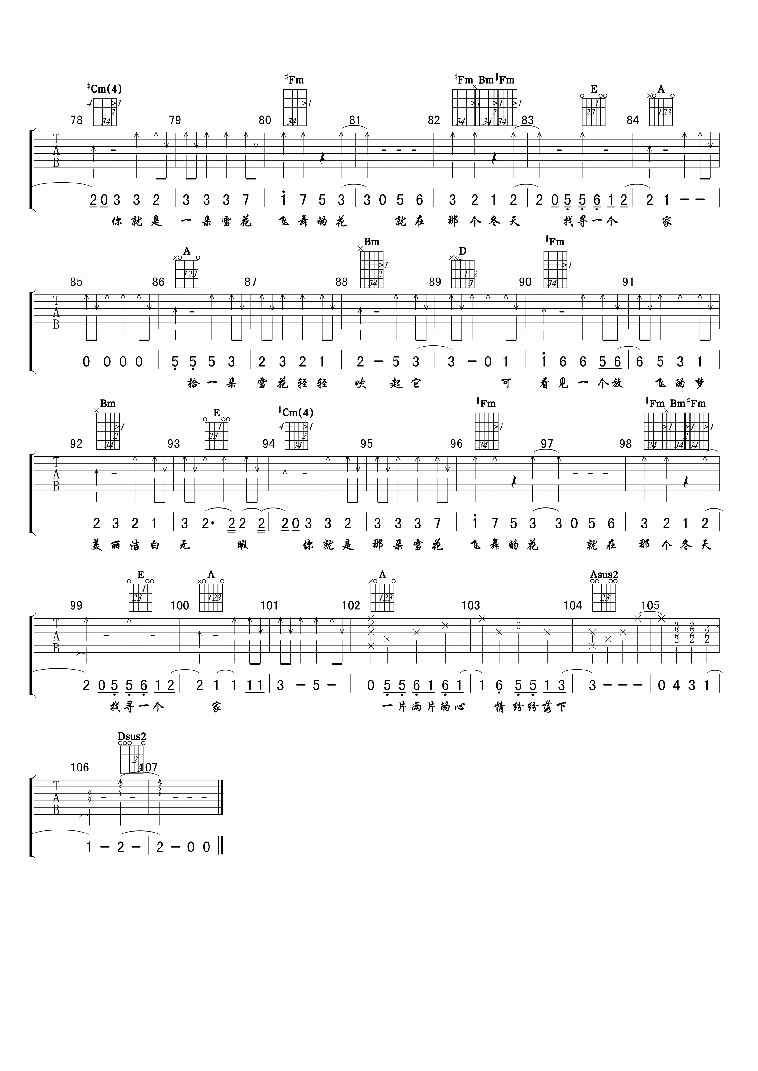 刘俊麟_雪花吉他六线谱A调_小叶歌吉他弹唱伴奏六线谱