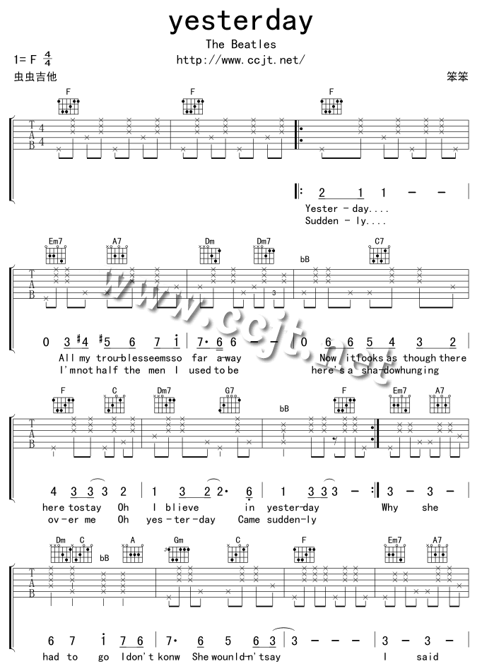 the_beatles_yesterday吉他六线谱F调_虫虫吉他弹唱伴奏六线谱