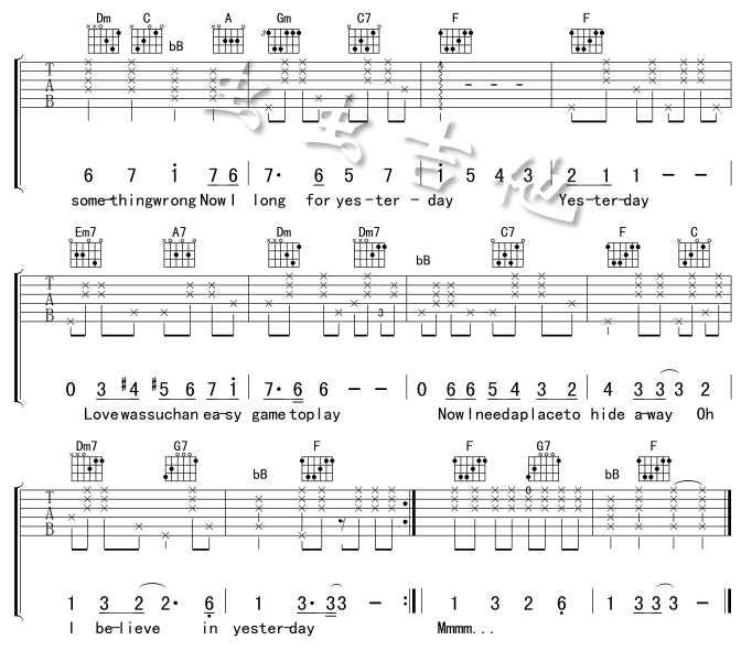 the_beatles_yesterday吉他六线谱F调_虫虫吉他弹唱伴奏六线谱