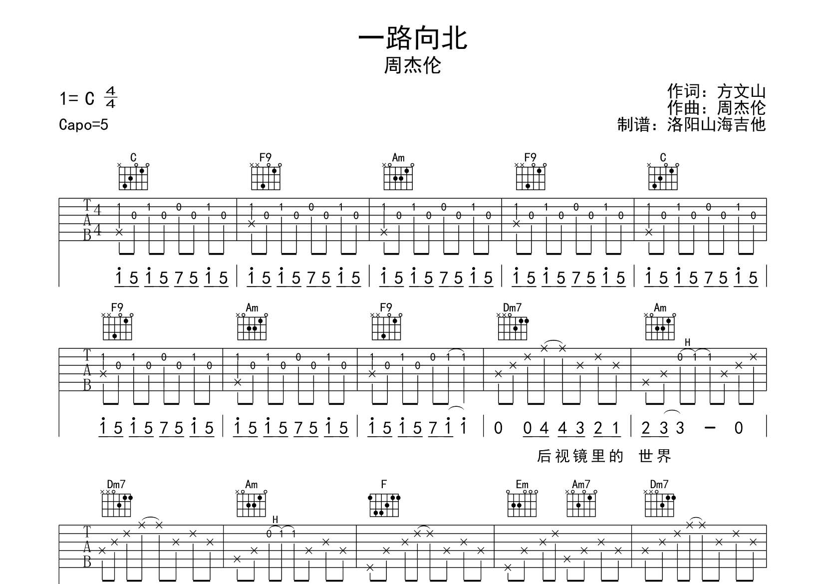 周杰伦_一路向北吉他六线谱C调_飞韵吉他弹唱伴奏六线谱