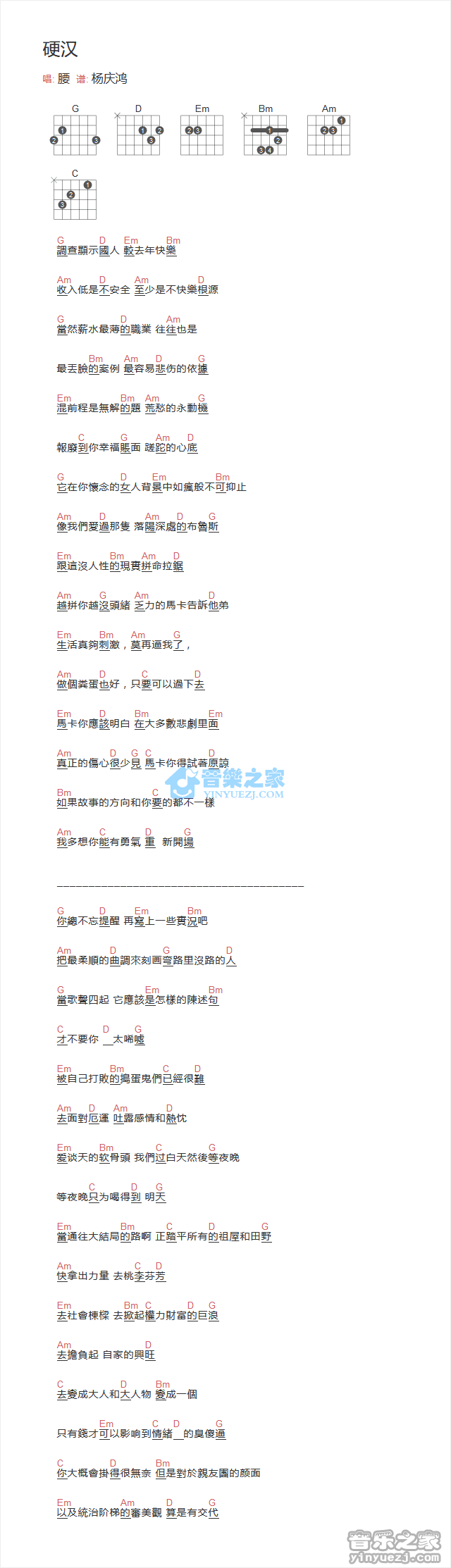腰乐队_硬汉吉他六线谱G调_音乐之家弹唱伴奏六线谱