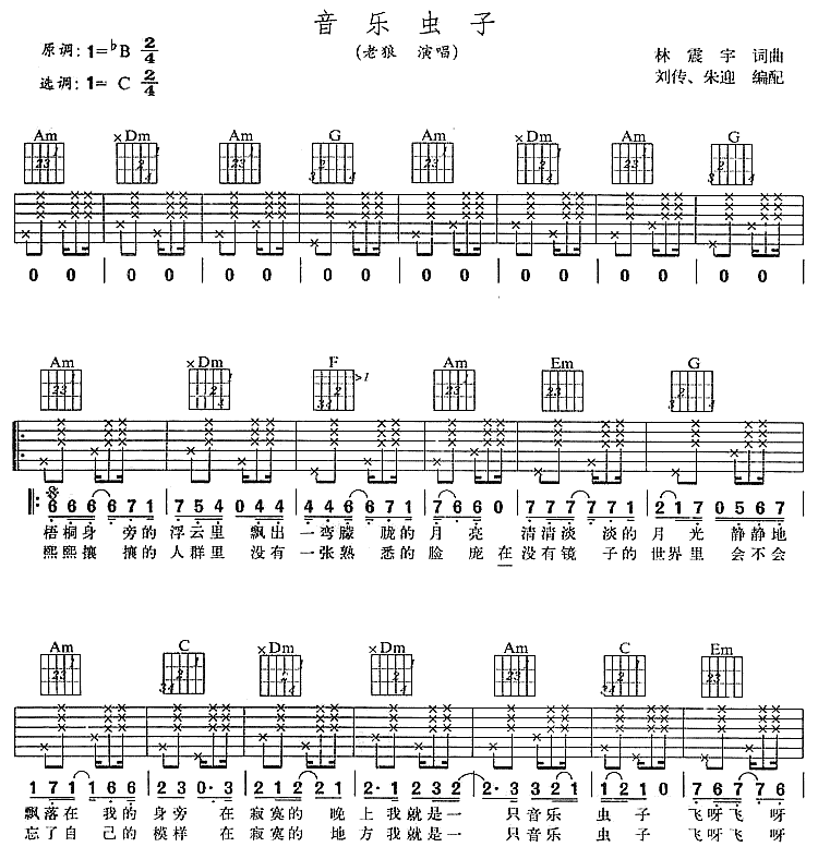 老狼_音乐虫子吉他六线谱C调_弹唱伴奏六线谱