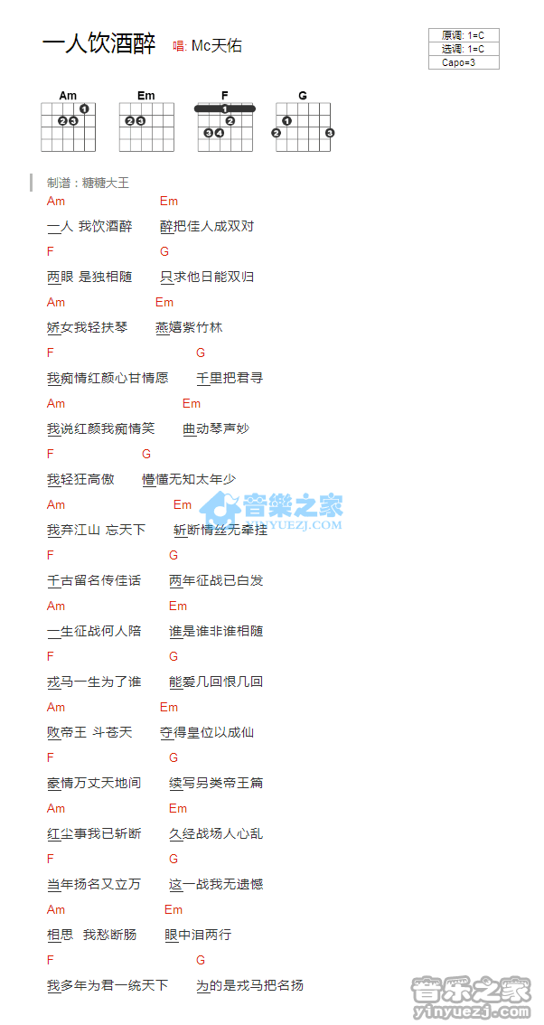 Mc天佑_一人我饮酒醉吉他六线谱C调_音乐之家弹唱伴奏六线谱