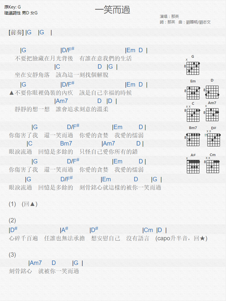 那英_一笑而过吉他六线谱G调_木木吉他弹唱伴奏六线谱