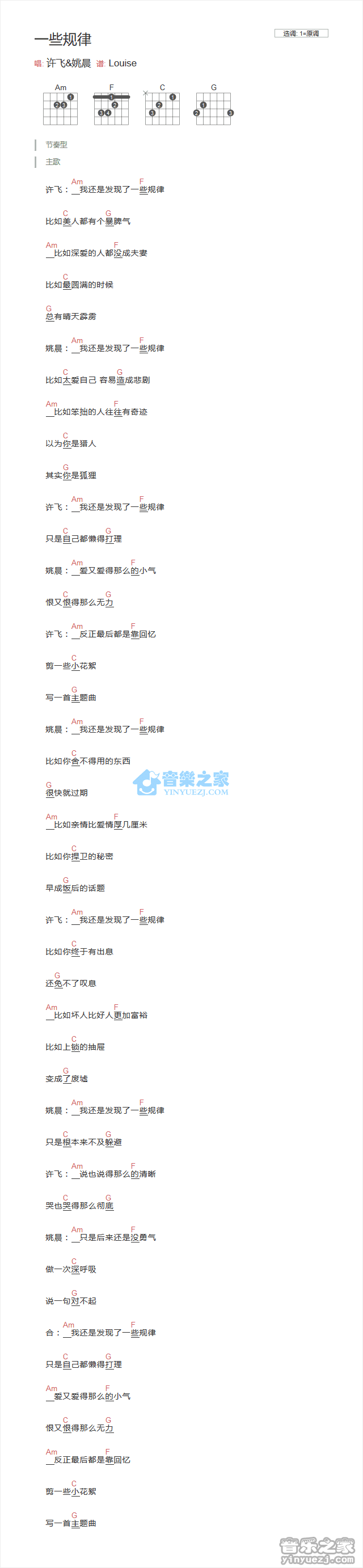 许飞_一些规律吉他六线谱A调_音乐之家弹唱伴奏六线谱